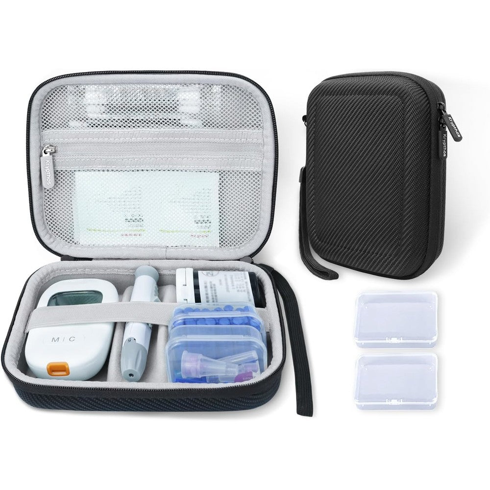 Krypthos diabetic supplies travel case front view showing compact black zippered exterior