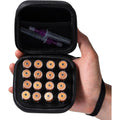 Moyite 16 slots peptide case for fridge front view showing black hard shell exterior with logo.