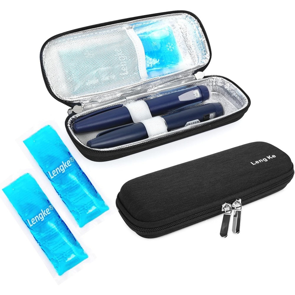 YOUSHARES portable insulin cooler travel case front view showing compact black zippered medical pouch.