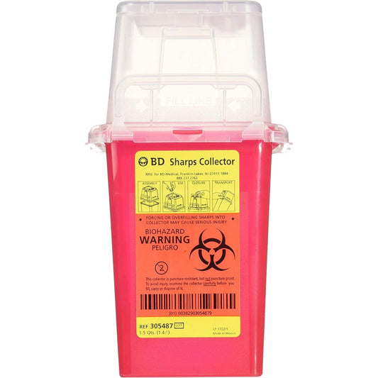 BD Sharps Collector 1.5 Quart red container front view for needle disposal.