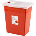 Covidien SharpSafety 8 gallon red sharps container front view showing biohazard label