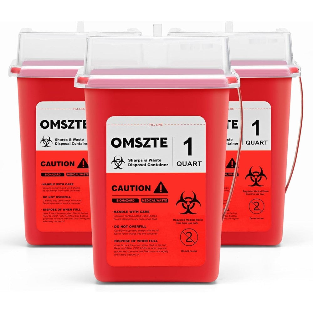 Omszte 1 Quart Sharps Container 3 pack front view medical waste disposal
