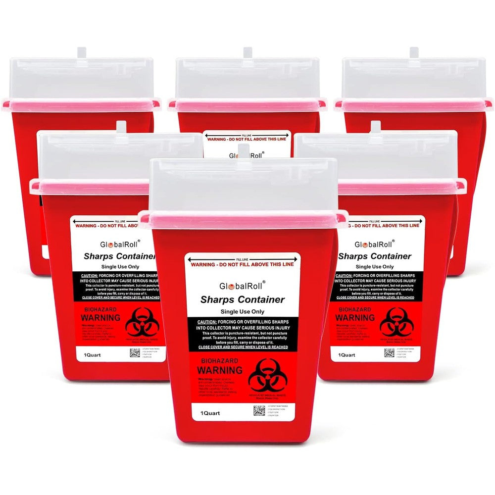GlobalRoll Sharps Container 6 Pack front view for biohazard disposal.