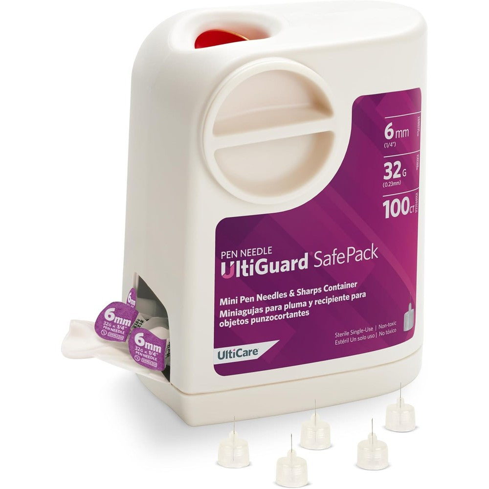 UltiGuard Safe Pack pen needles and sharps container front view