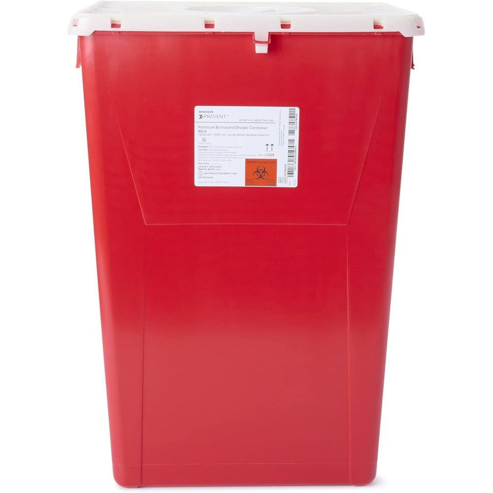 McKesson Prevent Premium Biohazard Sharps Container front view for medical waste disposal.