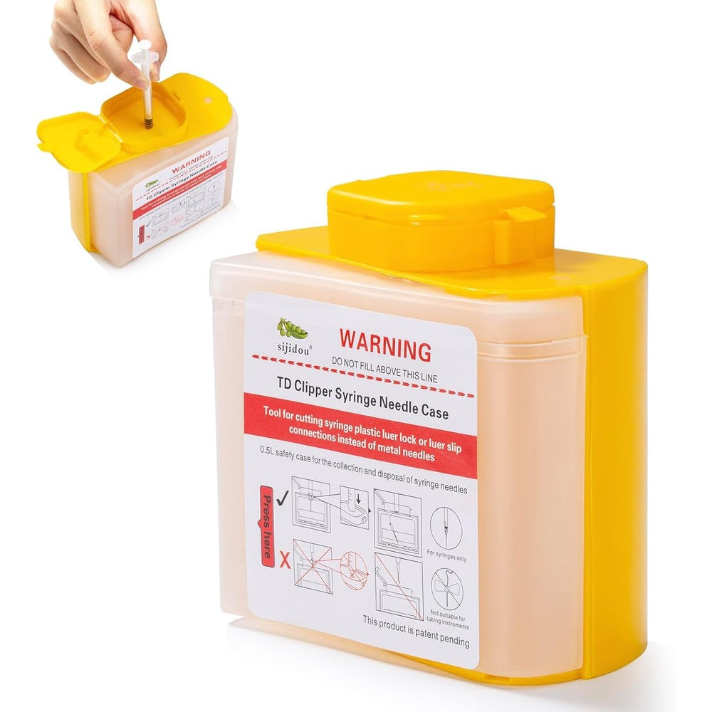 Sijidou Needle Clipper and sharps disposal container front view showing the cutting slot