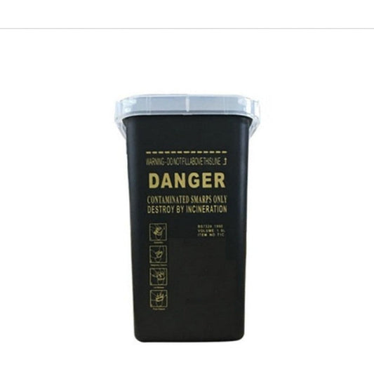 HOTWE Portable Sharps Container front view of the 1-liter black needle disposal bin for salons.