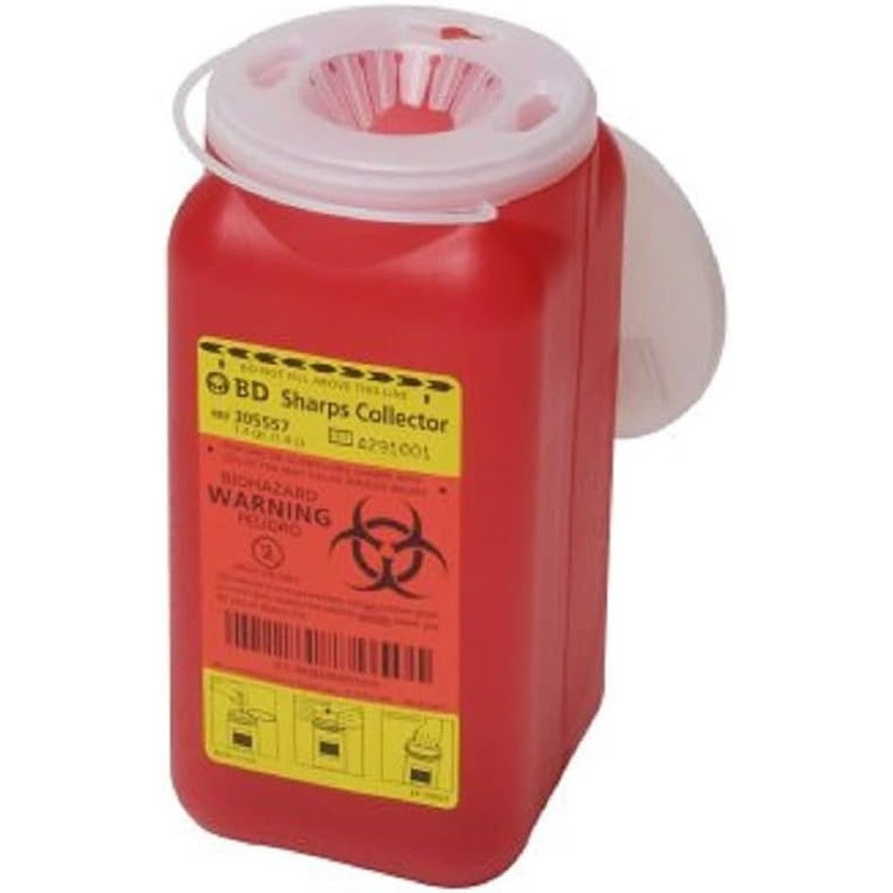 BD Sharps Collector 1.4 Quart red biohazard container with translucent locking lid front view