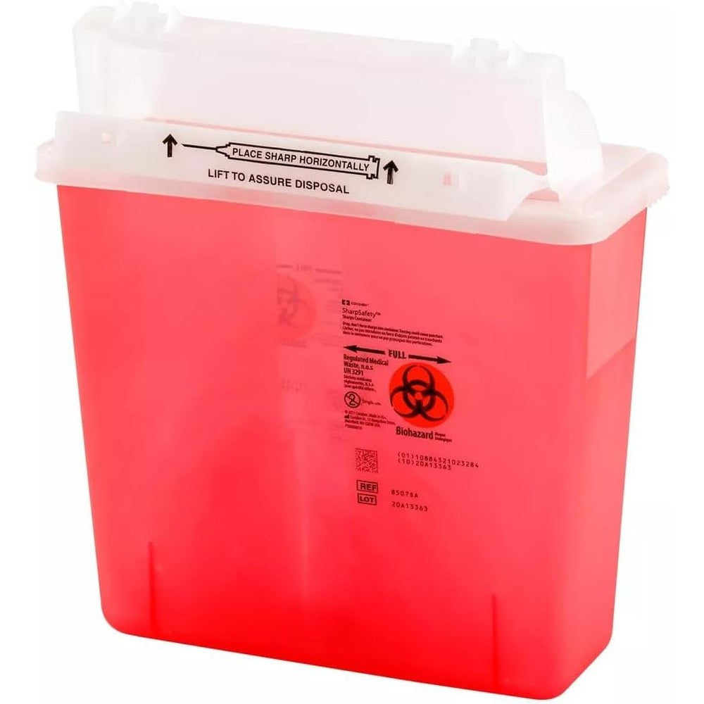 Kendall Covidien SharpSafety 5 quart sharps container front view for medical waste disposal.