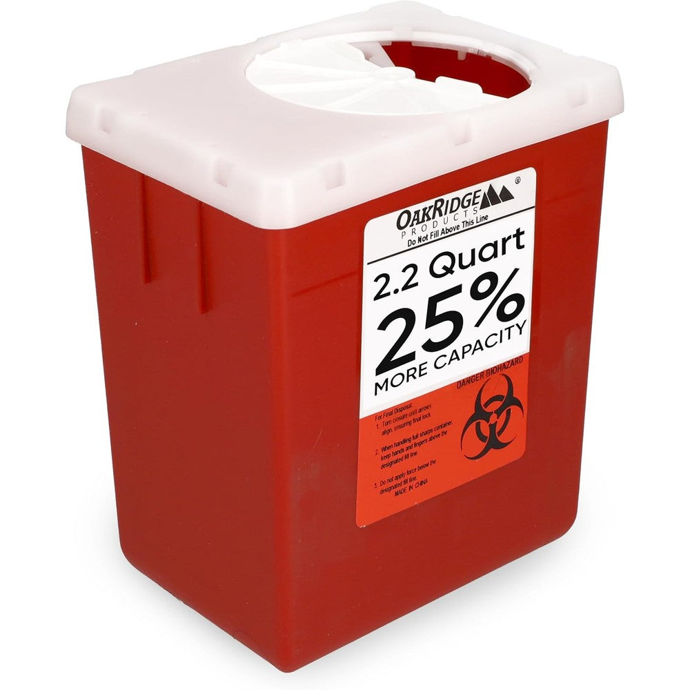 Oakridge Products Transparent Sharps Container front view for medical waste disposal.