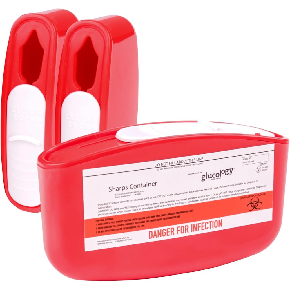 IBD Medical Glucology Travel Sharps Disposal Container front view showing red biohazard bin.