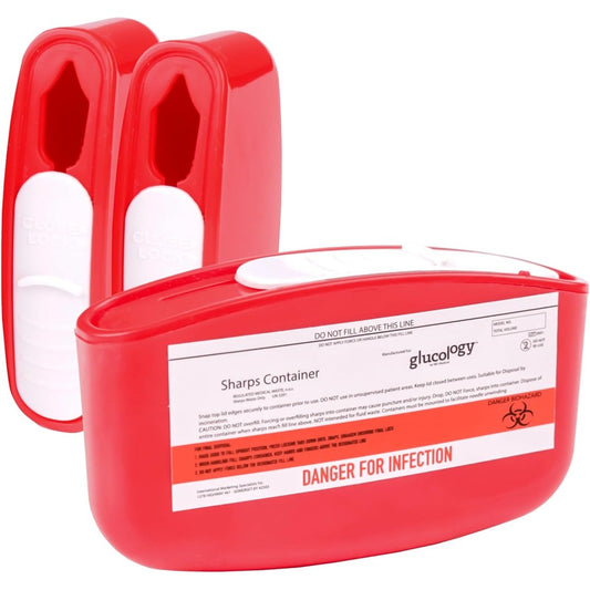 IBD Medical Glucology Travel Sharps Disposal Container front view showing red biohazard bin.