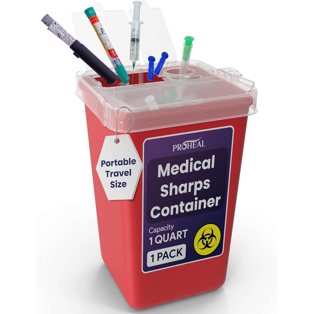 ProHeal small sharps container front view showing the red puncture proof body and clear lid