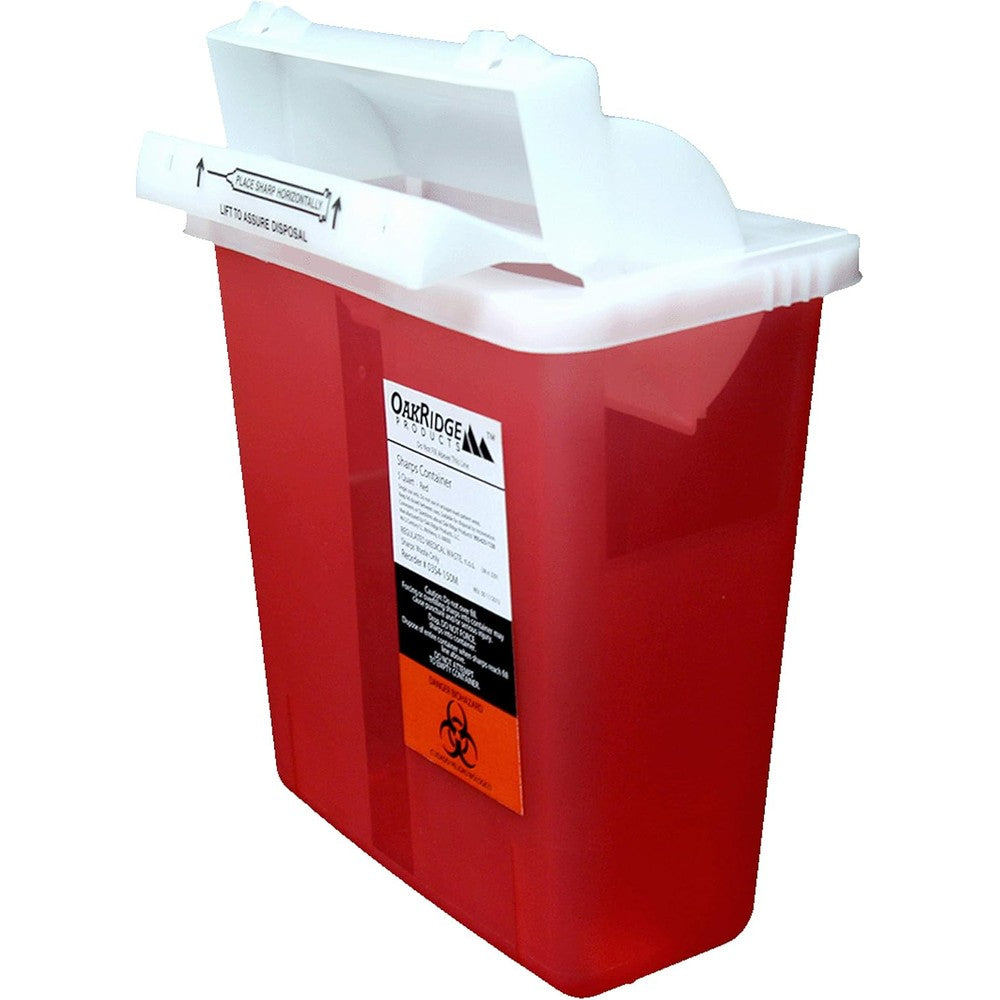 OakRidge Products 5 Quart Sharps Disposal Container front view showing mailbox lid.