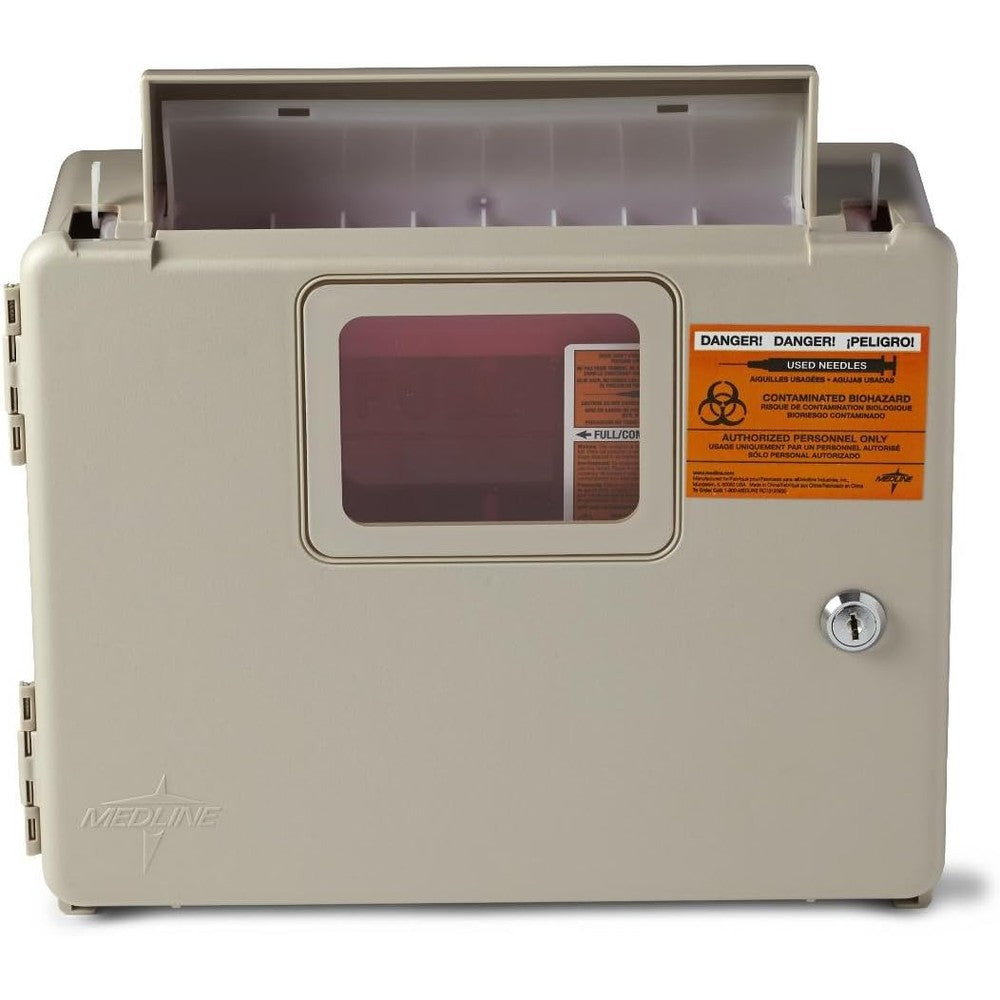 Medline Locking Sharps Container Cabinet front view for secure medical waste disposal.