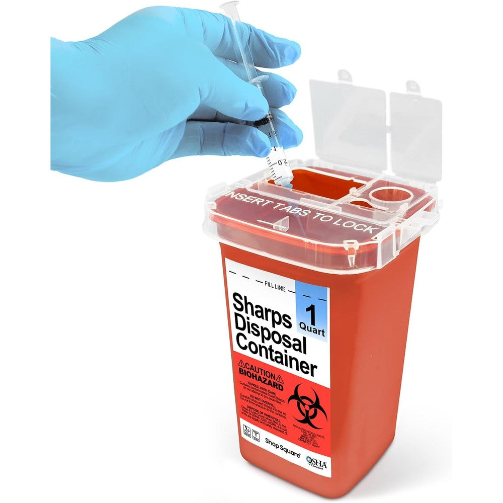 Shop Square 1 Quart Sharps Container front view showing the red puncture resistant body and biohazard warning label.