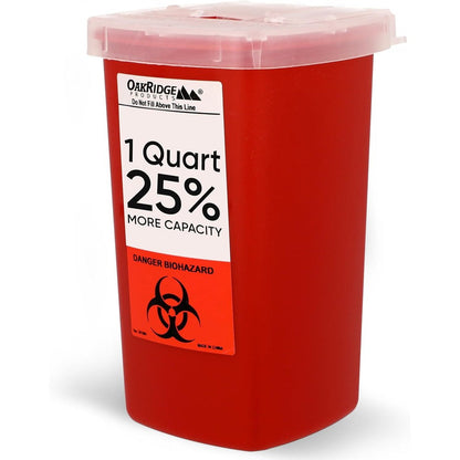 Oakridge Products Sharps Container 1 quart red biohazard bin for needle disposal