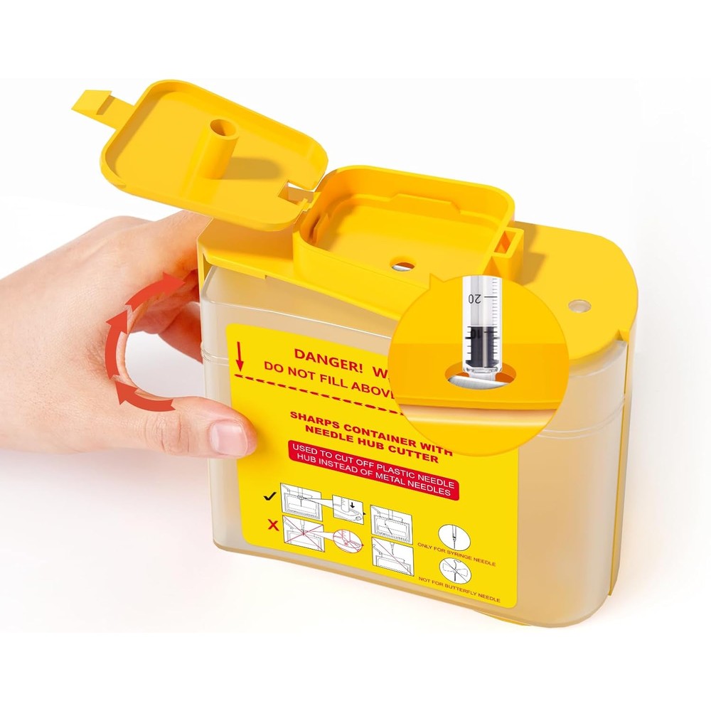 Amonior Needle Hub Cutter yellow sharps disposal container front view