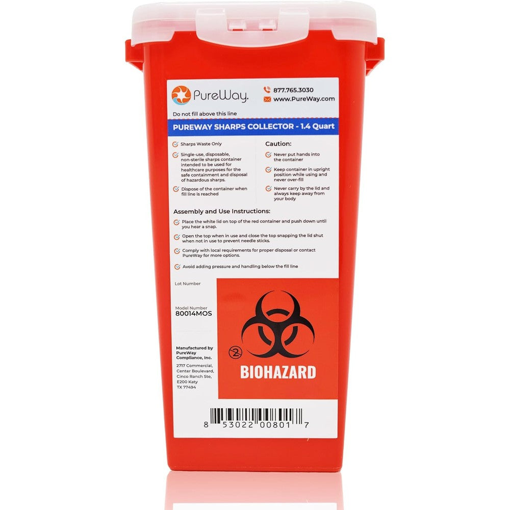 PureWay 1.4 Quart Sharps Disposal Container front view medical waste box.