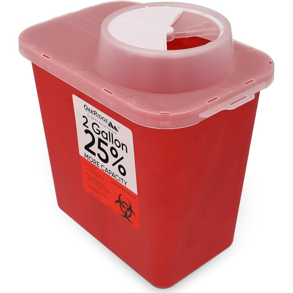 Oakridge Products 2 Gallon Sharps Container front view for medical waste disposal