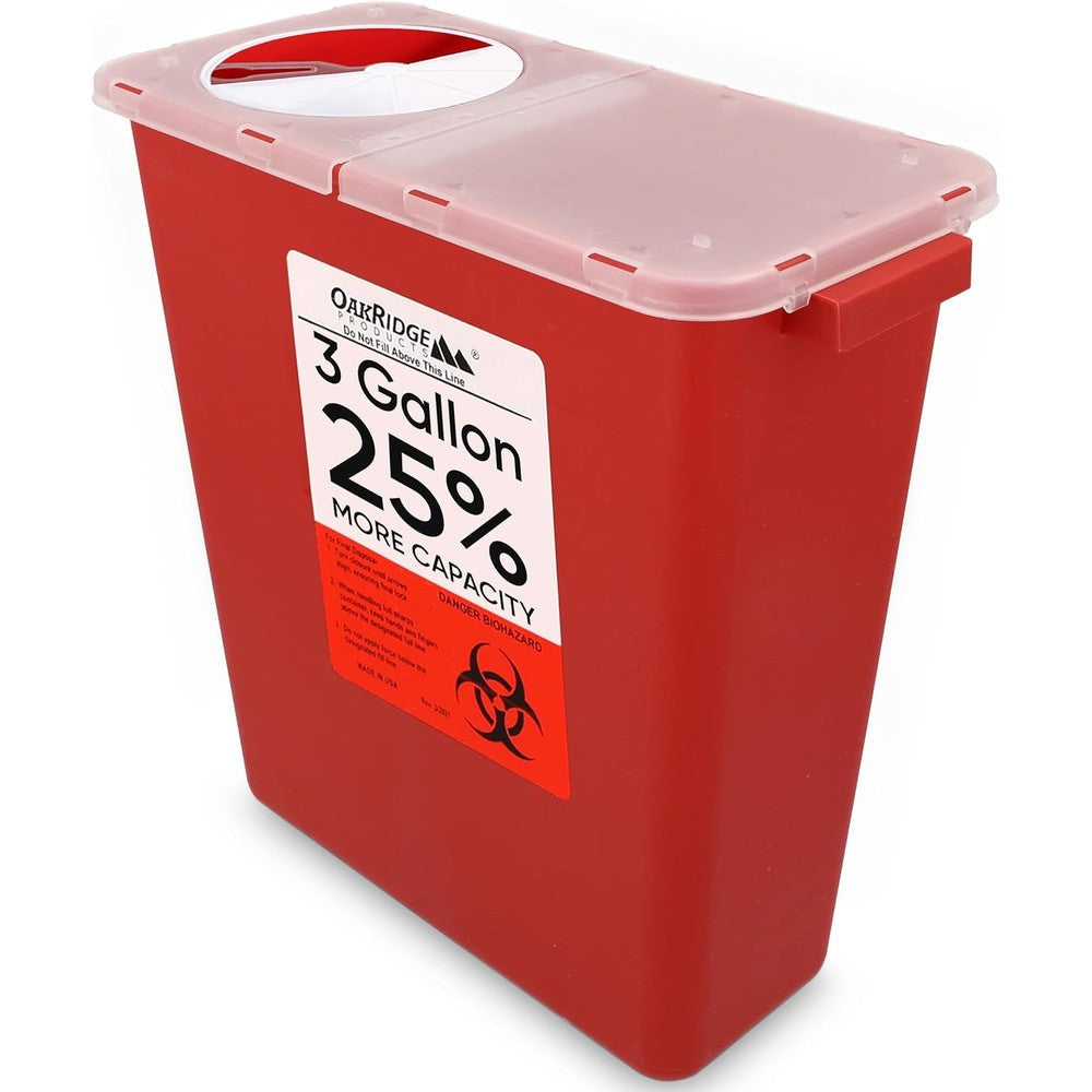 Oakridge Products 3 Gallon Sharps Container front view medical grade disposal.