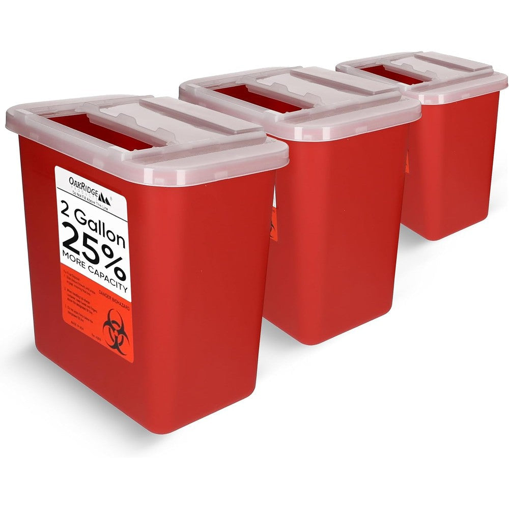 Oakridge Products 2 Gallon Sharps Container front view for biohazard disposal.