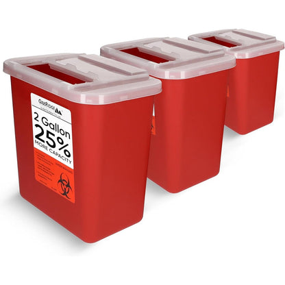 Oakridge Products 2 Gallon Sharps Container front view for biohazard disposal.