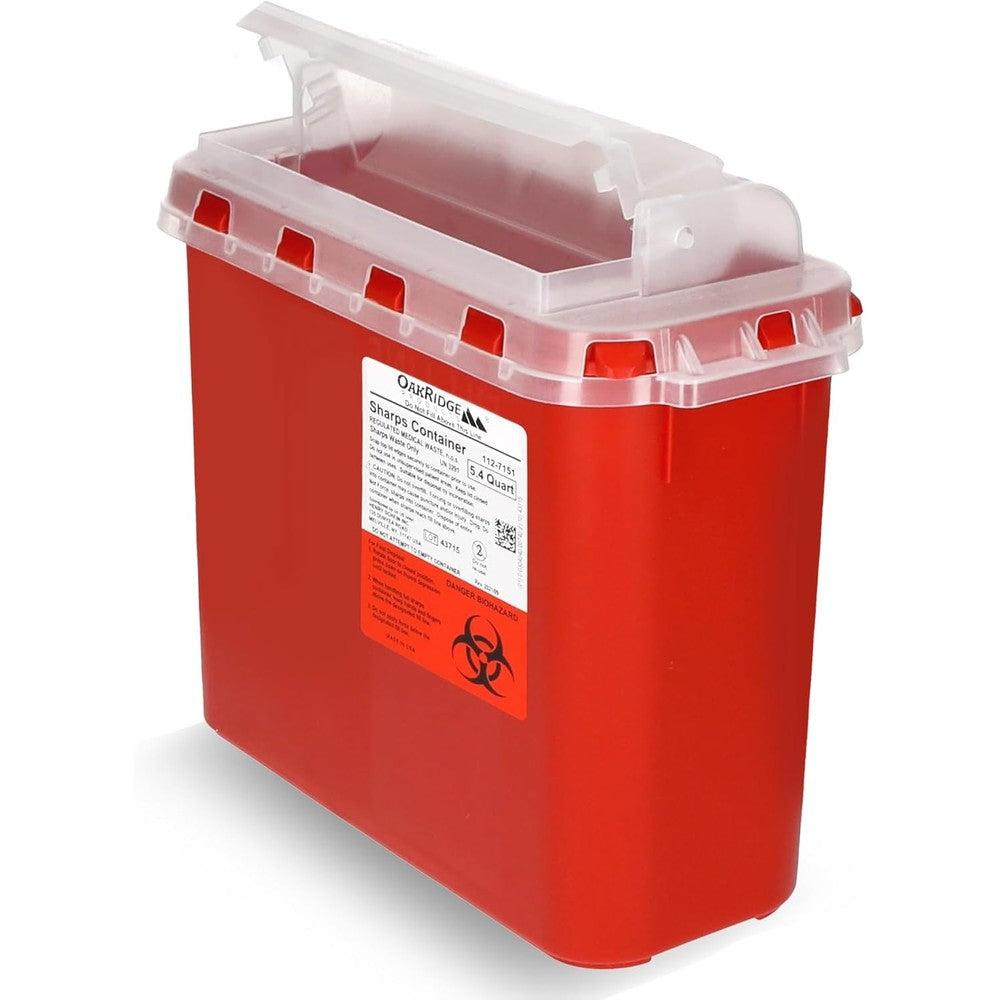 Oakridge Products 5.4 Quart Sharps Container front view with red translucent base