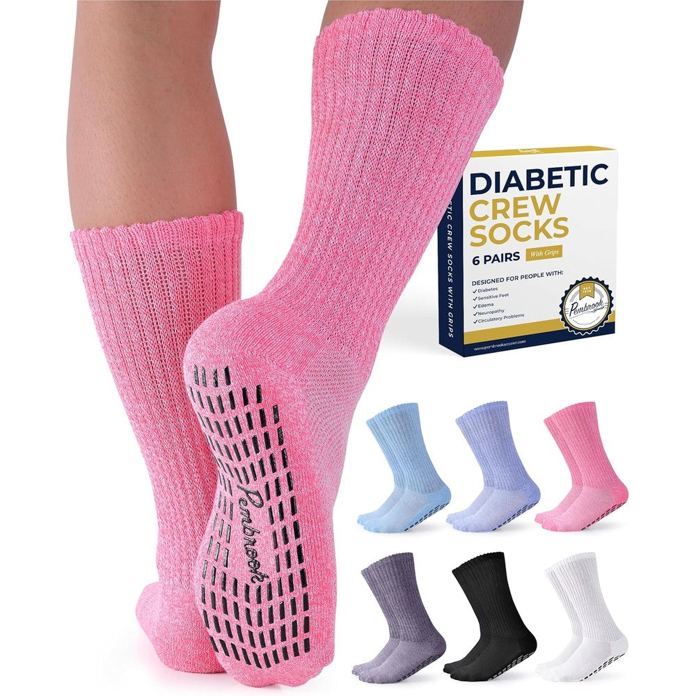 Pembrook 6 Pairs Diabetic Socks with Grippers front view for neuropathy relief.