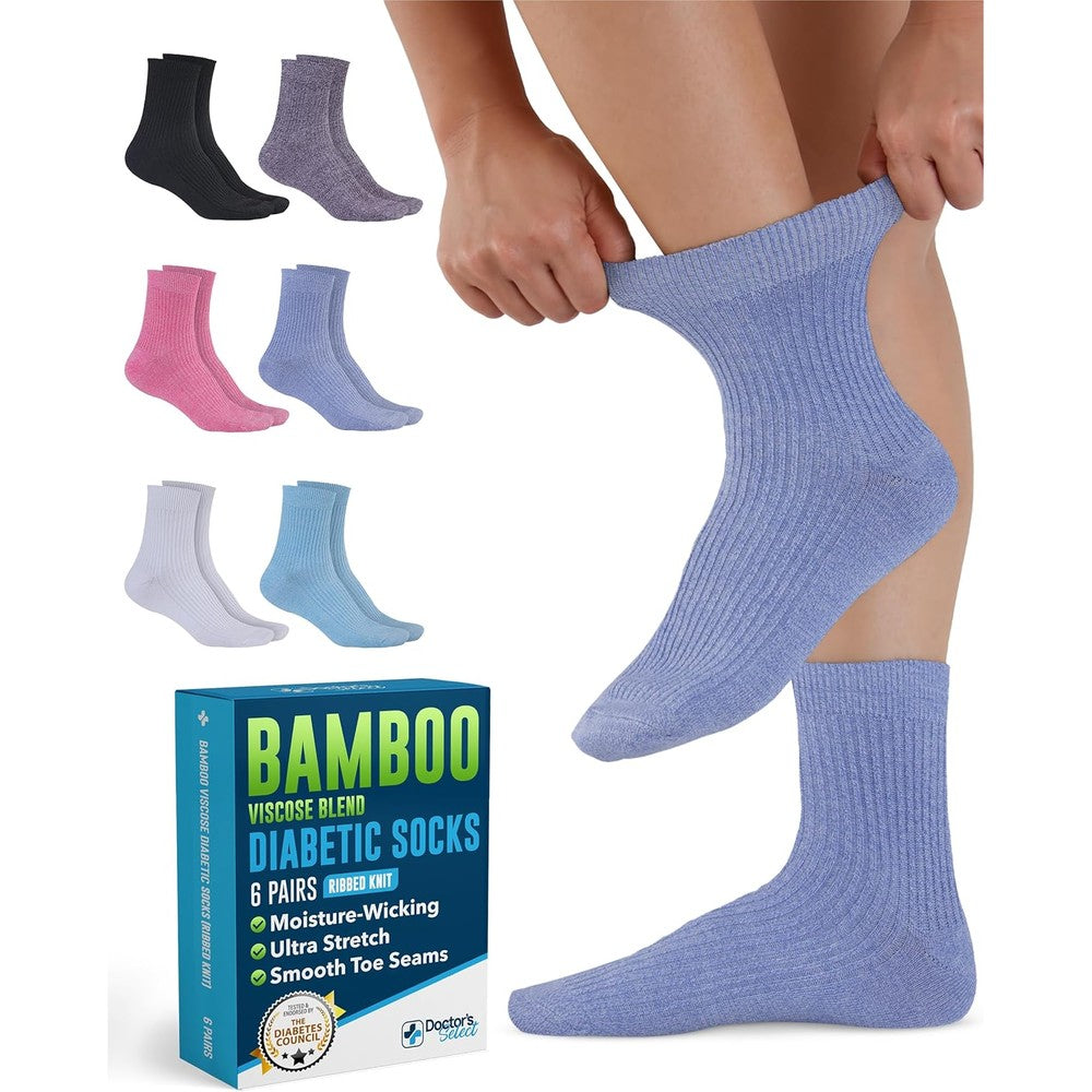 Doctor's Select Bamboo Viscose Diabetic Socks front view of six white pairs.