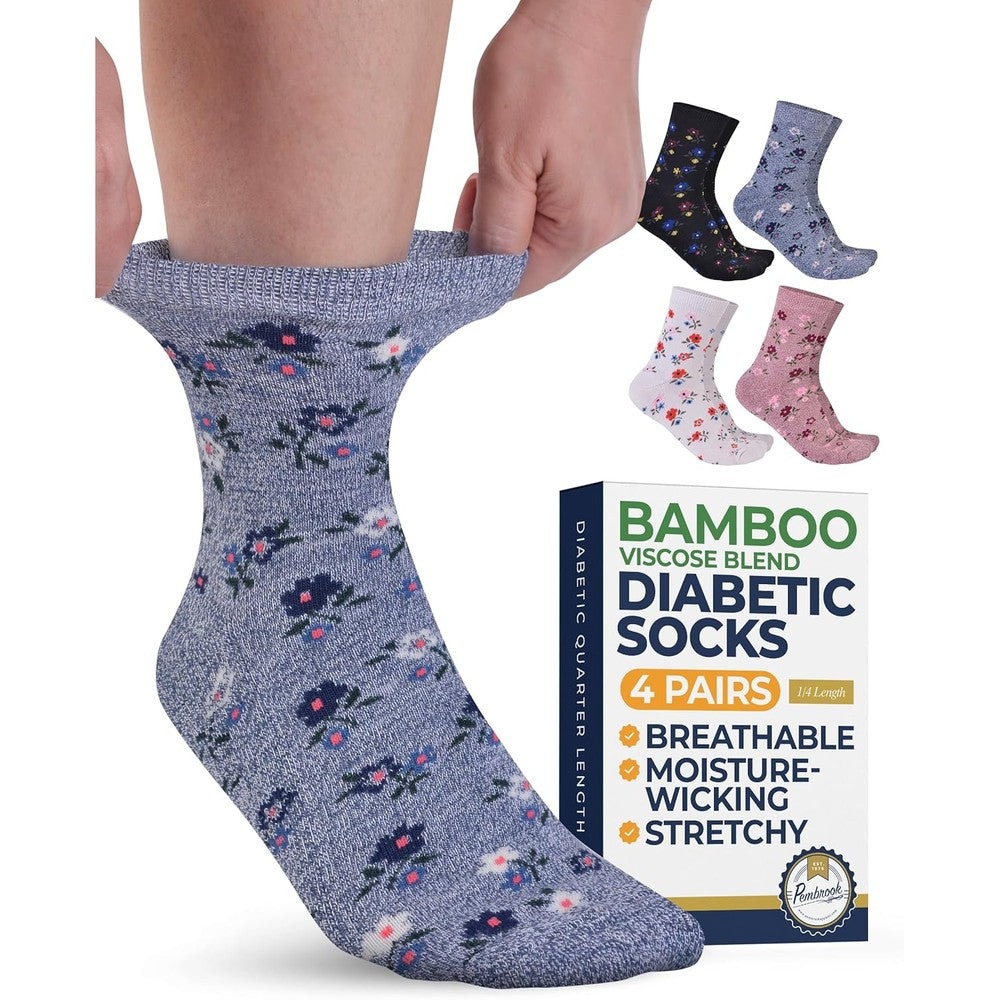 Pembrook Ankle Diabetic Socks 4 pack front view showing floral patterns.