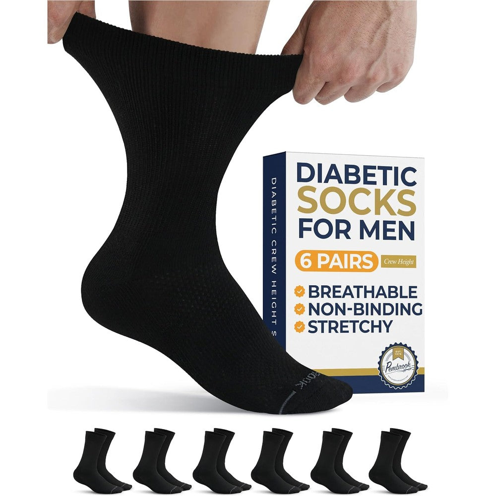 Pembrook Diabetic Socks for Men six pack front view showcasing loose non binding top design for improved circulation.