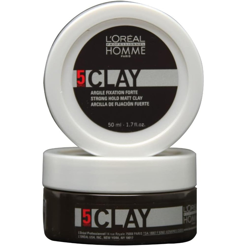 L'OrÃ©al Professionnel Paris Homme Styling Clay 50ml front view jar for strong hold hair styling.