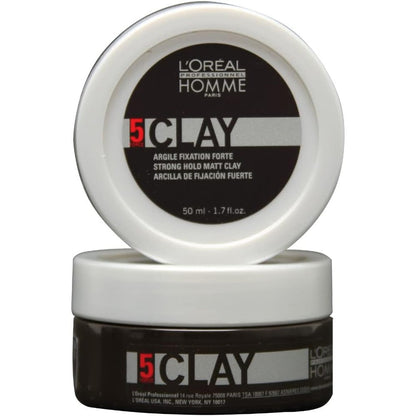 L'OrÃ©al Professionnel Paris Homme Styling Clay 50ml front view jar for strong hold hair styling.