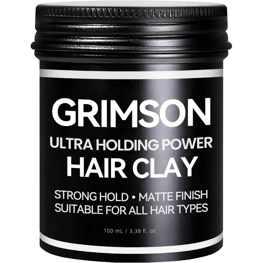 GRIMSON Hair Clay for Men 100 grams front view container for strong hold styling.