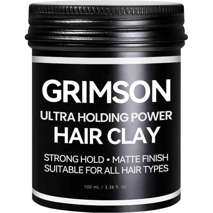 GRIMSON Hair Clay for Men 100 grams front view container for strong hold styling.