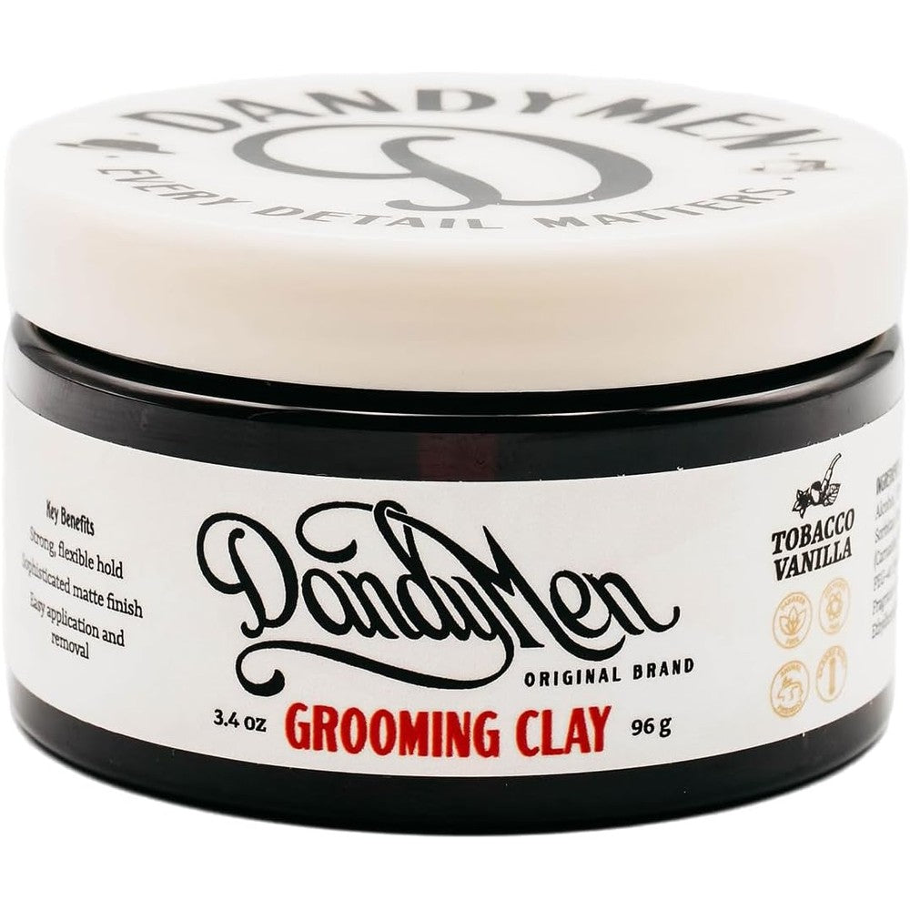Dandymen Collection Grooming Clay front view jar of matte finish hair styling wax.