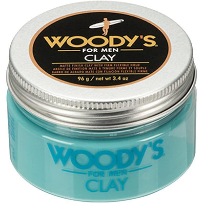 Woody's Premium Hair Clay for Men front view container showing matte finish styling pomade