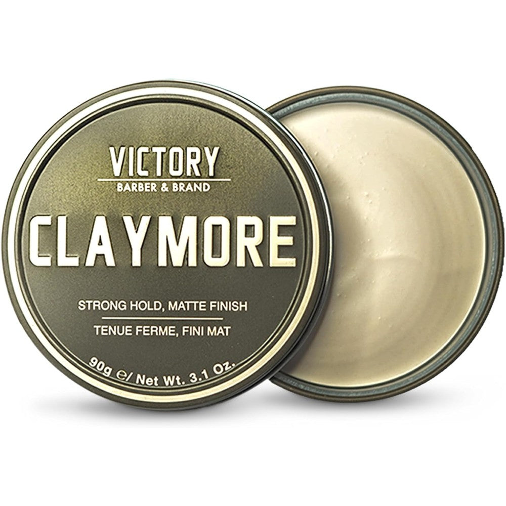 Victory Barber and Brand Claymore styling clay front view metal tin container