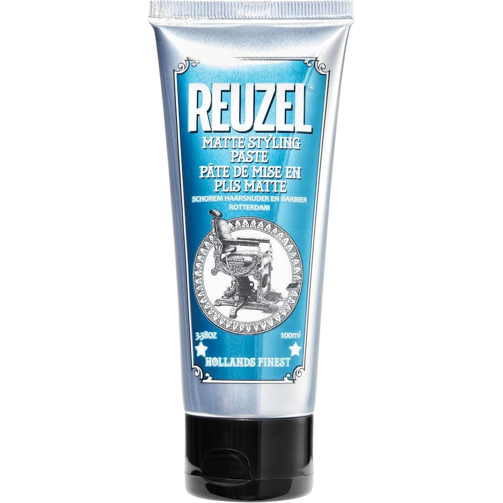 Reuzel Matte Styling Paste front view of the blue tube featuring a barbershop chair graphic