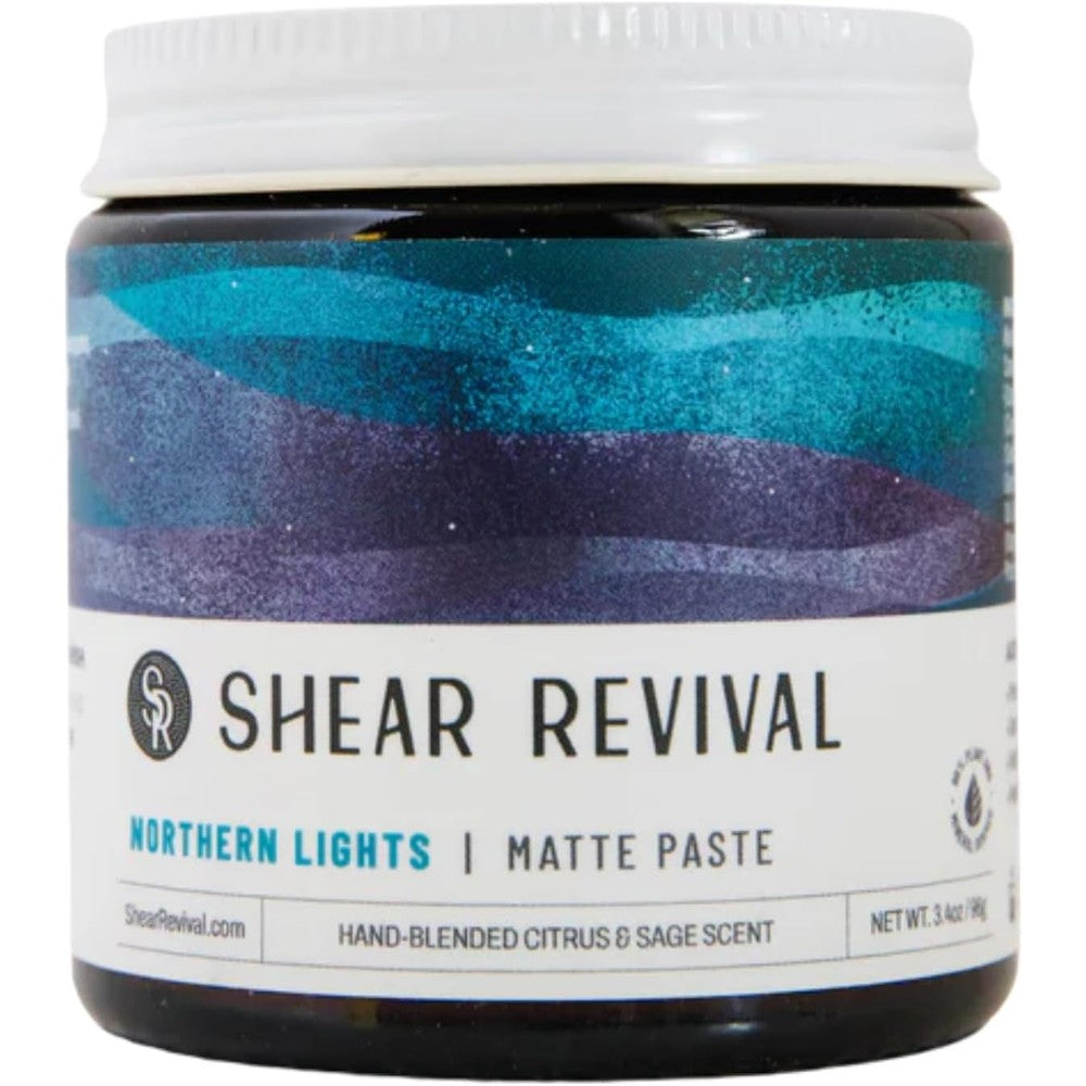Shear Revival Northern Lights Matte Paste front view jar displaying clean packaging for texturized hair styling