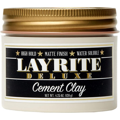 Layrite Deluxe Cement Clay front view jar of high hold matte hair pomade