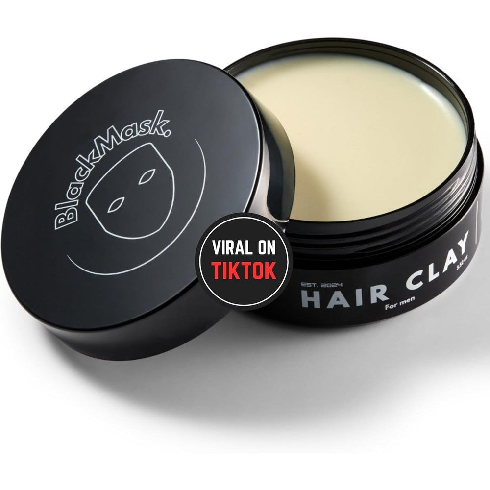 BlackMask Hair Clay for Men front view of jar displaying strong hold styling product.