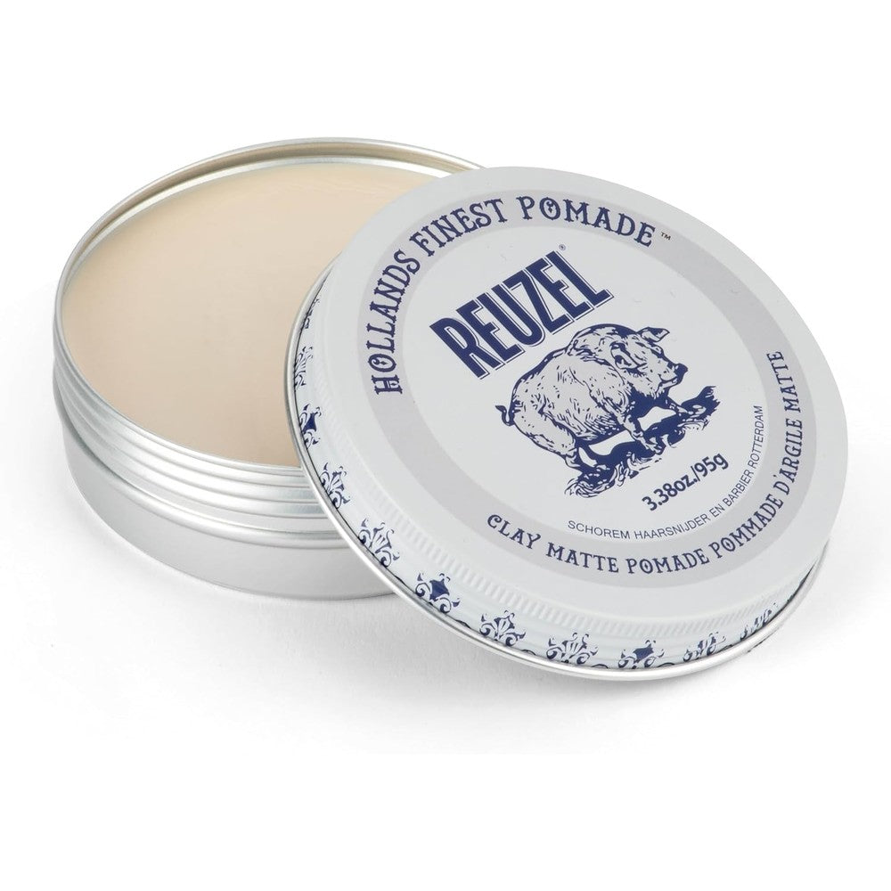 Reuzel Clay Matte Pomade front view tin with iconic graphic showing authentic premium packaging details.