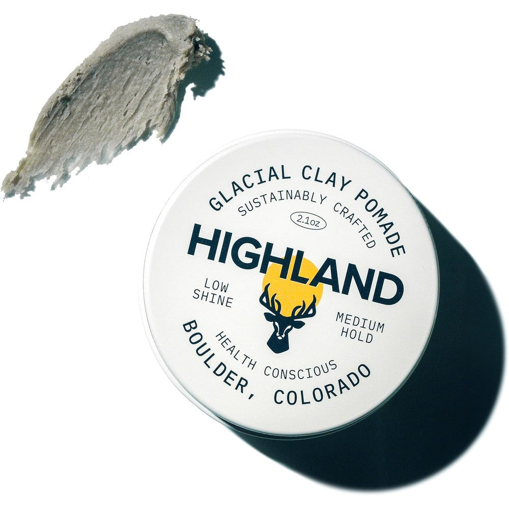 Highland Glacial Hair Clay Pomade front view jar of premium all natural styling clay