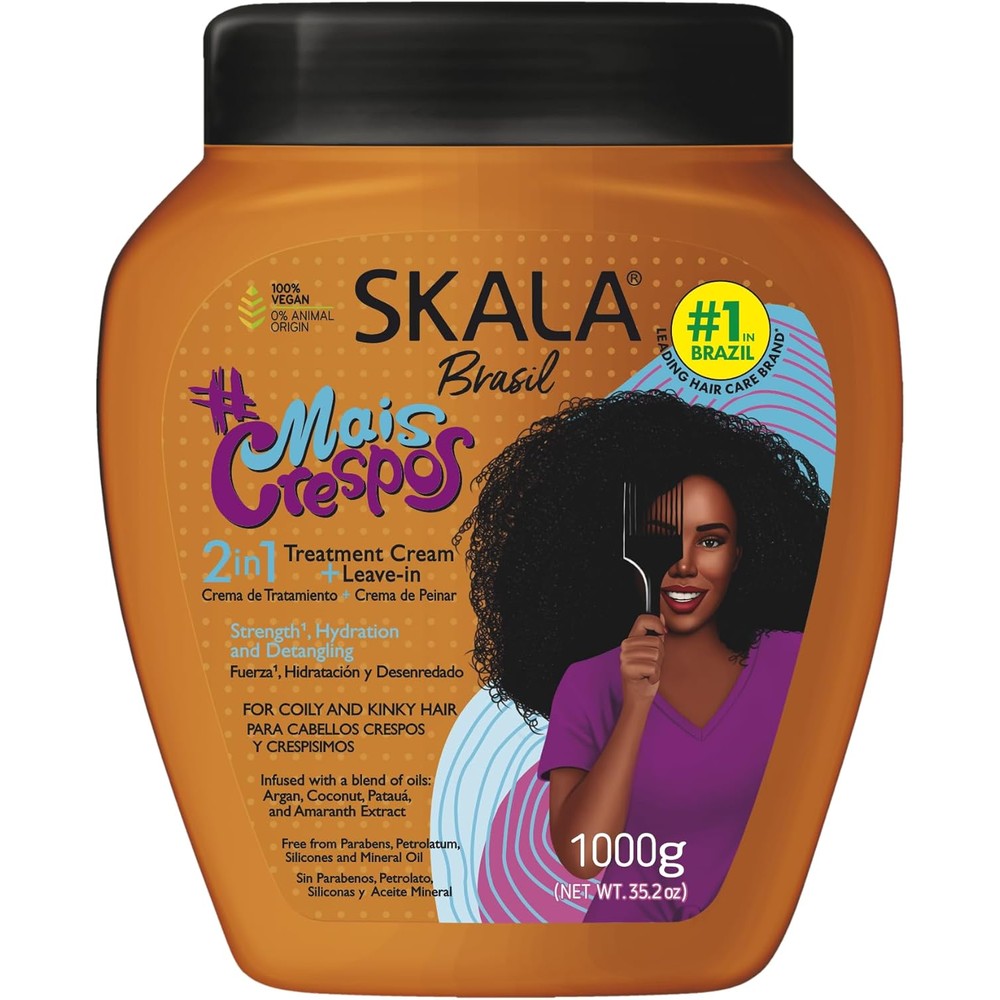 Brazil Skala Mais Crespos 2 in 1 conditioning treatment cream 1000g front view highlighting the orange packaging for coily hair.