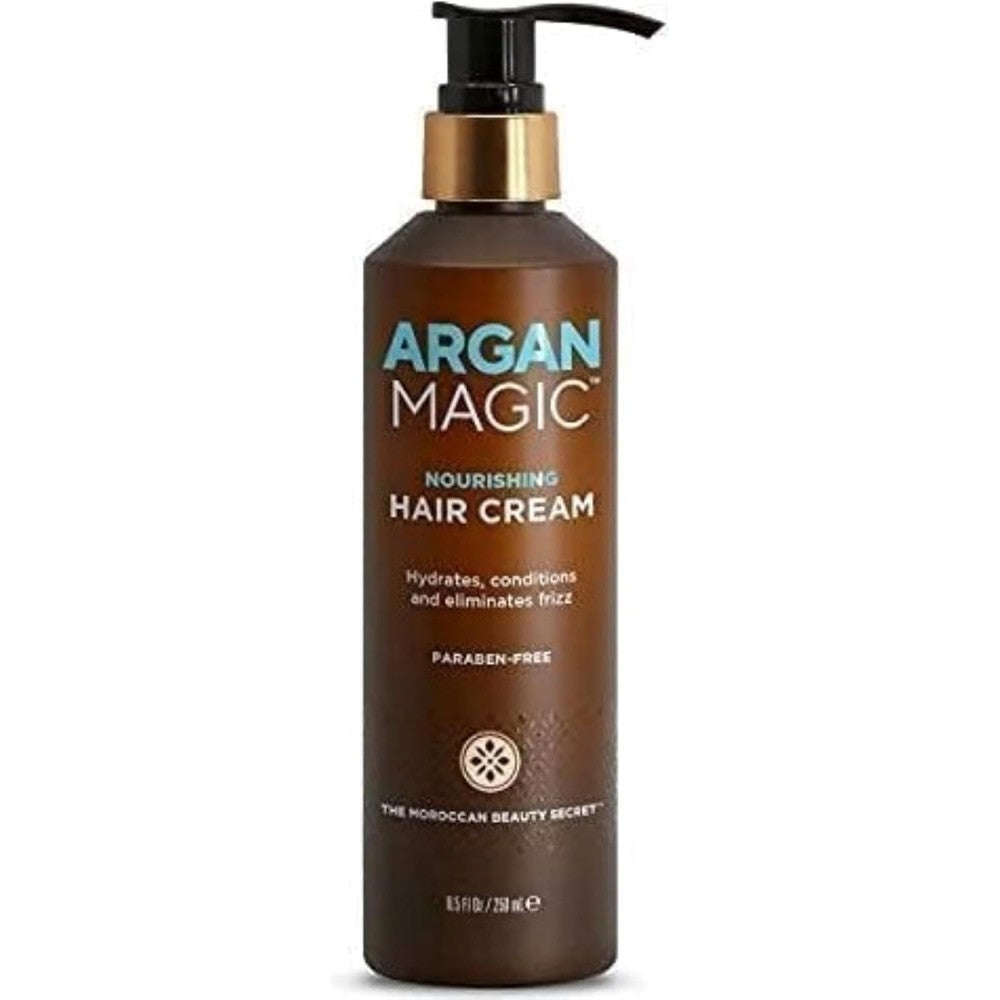 Argan Magic Nourishing Hair Cream front view bottle with pump dispenser for frizz control