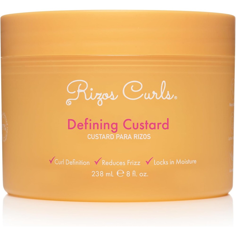 Rizos Curls Defining Custard front view of packaging detailing key ingredients like flaxseed oil and shea butter