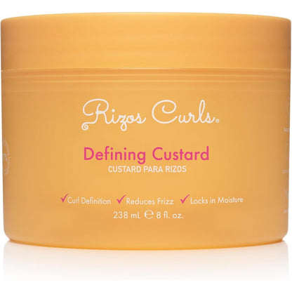 Rizos Curls Defining Custard front view of packaging detailing key ingredients like flaxseed oil and shea butter