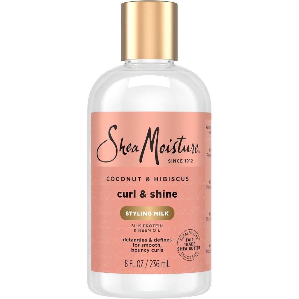 SheaMoisture Coconut and Hibiscus Curl and Style Milk 8 Ounce front view bottle for curly hair styling